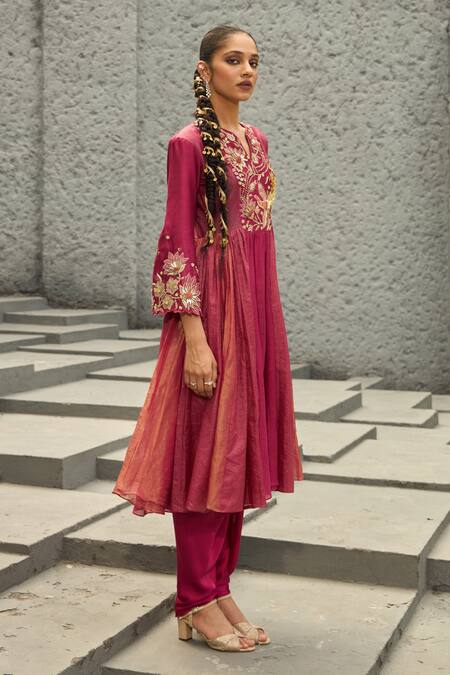 Shreeka_Pink Modal, Silk Organza, Chanderi 3d Floral Gradient A-line Kurta Pant Set _Online_at_Aza_Fashions