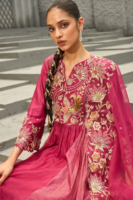 Buy_Shreeka_Pink Modal, Silk Organza, Chanderi 3d Floral Gradient A-line Kurta Pant Set _Online_at_Aza_Fashions