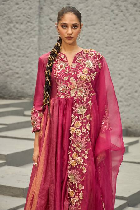 Shop_Shreeka_Pink Modal, Silk Organza, Chanderi 3d Floral Gradient A-line Kurta Pant Set _Online_at_Aza_Fashions