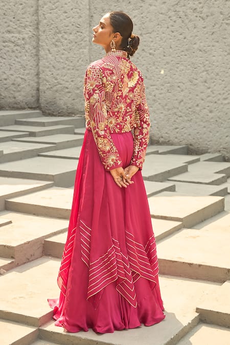 Shreeka 3D Floral Bird Embroidered Jacket Layered Lehenga Set 