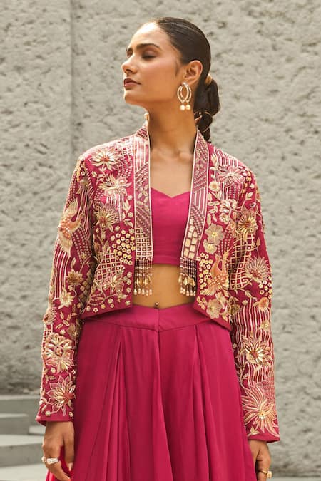 Shreeka_Pink Silk, Satin, Organza 3d Floral Bird Embroidered Jacket Layered Lehenga Set _Online_at_Aza_Fashions