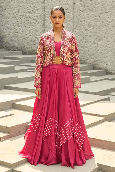 Buy_Shreeka_Pink Silk, Satin, Organza 3d Floral Bird Embroidered Jacket Layered Lehenga Set _Online_at_Aza_Fashions