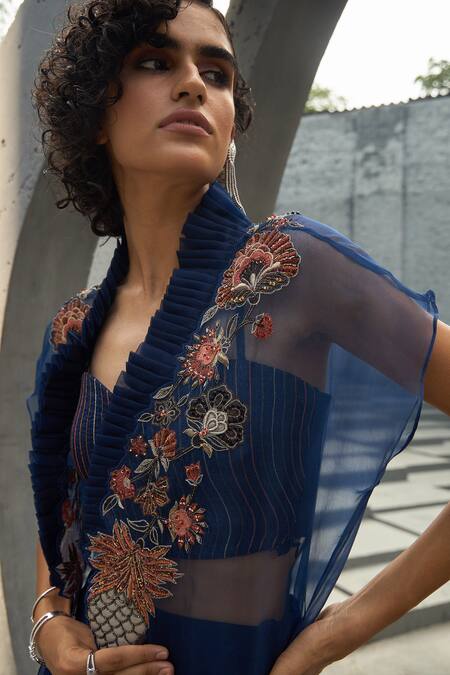 Shop_Shreeka_Blue Viscose, Silk Organza Floral Dabka Embroidered Cape Draped Skirt Set _Online_at_Aza_Fashions