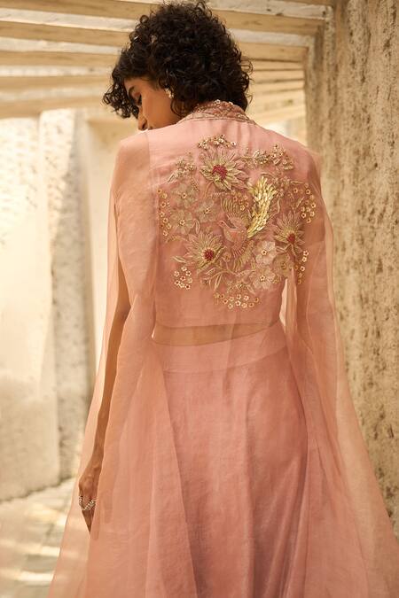 Shreeka_Pink Silk Satin, Linen Pearls, Floral Applique Embroidered Cape Flowy Pant Set _Online_at_Aza_Fashions