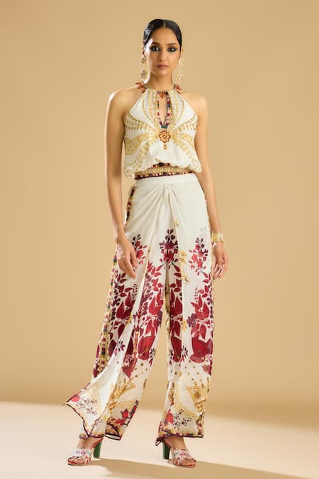 Buy_Rajdeep Ranawat_Ivory Silk Printed Jewel Halter Neck Chandani Top 