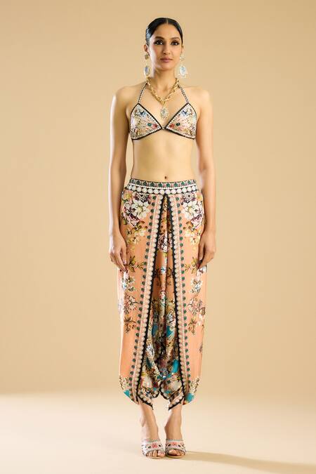 Buy_Rajdeep Ranawat_Ivory Lycra Sequins, Embroidery Bridgette Garden Print Bralette 