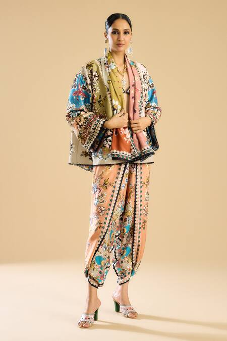 Shop_Rajdeep Ranawat_Ivory Silk, Denim Mirrors, Embroidery Shawl Neck Vagma Flower Print Jacket 