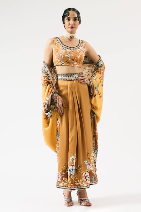 Shop Rajdeep Ranawat Yellow Lycra Embroidery Round Neck Floral Print Blouse Online at Aza Fashions Shop_Rajdeep Ranawat_Yellow Lycra Embroidery Round Neck Floral Print Blouse _Online_at_Aza_Fashions