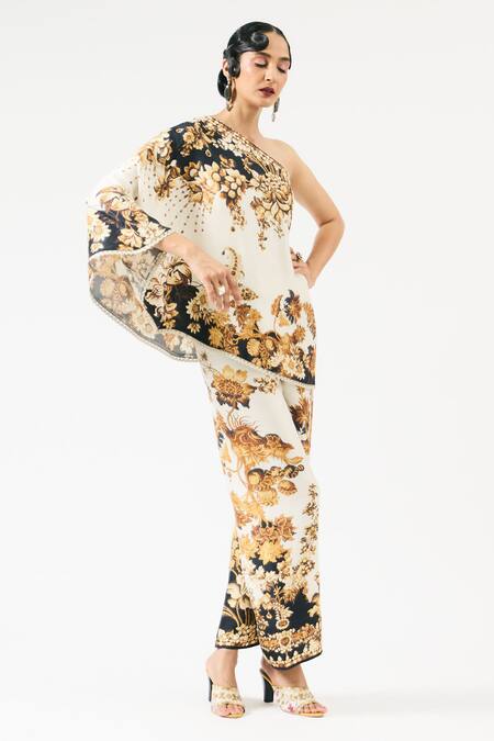 Rajdeep Ranawat Ivory Silk Embroidery One Shoulder Azam Printed Top at Aza Fashions Rajdeep Ranawat_Ivory Silk Embroidery One Shoulder Azam Printed Top _at_Aza_Fashions