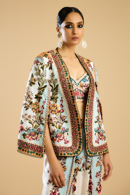 Rajdeep Ranawat Ivory Dupion Print Florista Open Neck And Embellished Jacket 