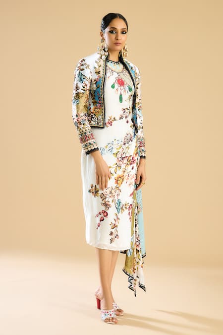 Shop_Rajdeep Ranawat_Ivory Crystals Collared Gardenia Print Embellished Bolero Jacket 