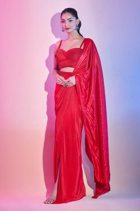 Amit Aggarwal Red Georgette Sweetheart Neck Pleated Pre-draped Saree With Corded Blouse Online at Aza Fashions Amit Aggarwal_Red Georgette Sweetheart Neck Pleated Pre-draped Saree With Corded Blouse _Online_at_Aza_Fashions