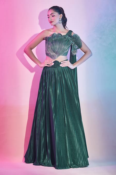 Amit Aggarwal Pleated Lehenga With Floral Structured Draped Blouse 