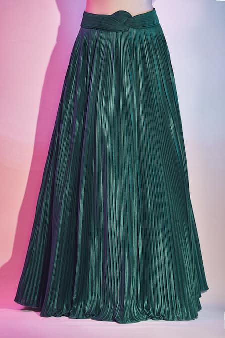 Amit Aggarwal Emerald Green Satin, Crepe Pleated Lehenga With Floral Structured Draped Blouse Online at Aza Fashions Amit Aggarwal_Emerald Green Satin, Crepe Pleated Lehenga With Floral Structured Draped Blouse _Online_at_Aza_Fashions