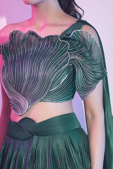 Buy Amit Aggarwal Emerald Green Satin, Crepe Pleated Lehenga With Floral Structured Draped Blouse Online at Aza Fashions Buy_Amit Aggarwal_Emerald Green Satin, Crepe Pleated Lehenga With Floral Structured Draped Blouse _Online_at_Aza_Fashions