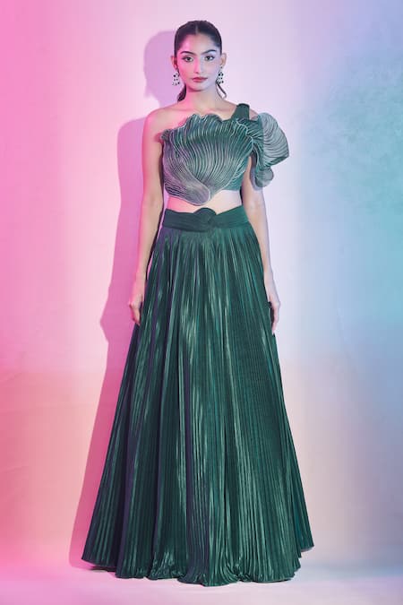 Shop Amit Aggarwal Emerald Green Satin, Crepe Pleated Lehenga With Floral Structured Draped Blouse Online at Aza Fashions Shop_Amit Aggarwal_Emerald Green Satin, Crepe Pleated Lehenga With Floral Structured Draped Blouse _Online_at_Aza_Fashions