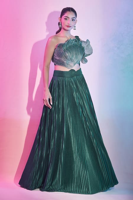 Amit Aggarwal Emerald Green Satin, Crepe Pleated Lehenga With Floral Structured Draped Blouse at Aza Fashions Amit Aggarwal_Emerald Green Satin, Crepe Pleated Lehenga With Floral Structured Draped Blouse _at_Aza_Fashions