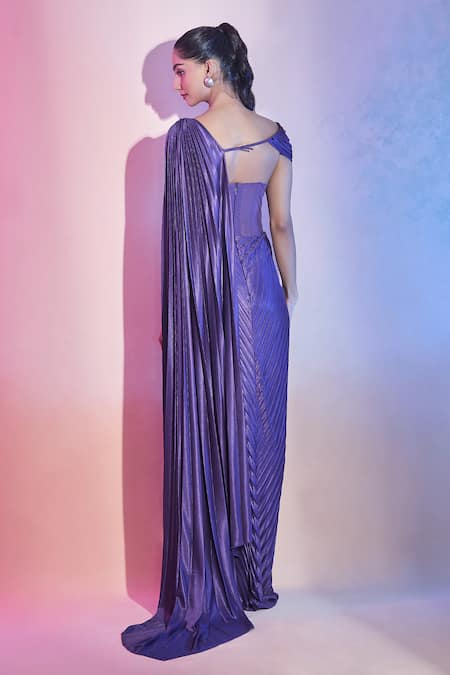 Amit Aggarwal Pleated Asymmetric Draped Saree Gown 