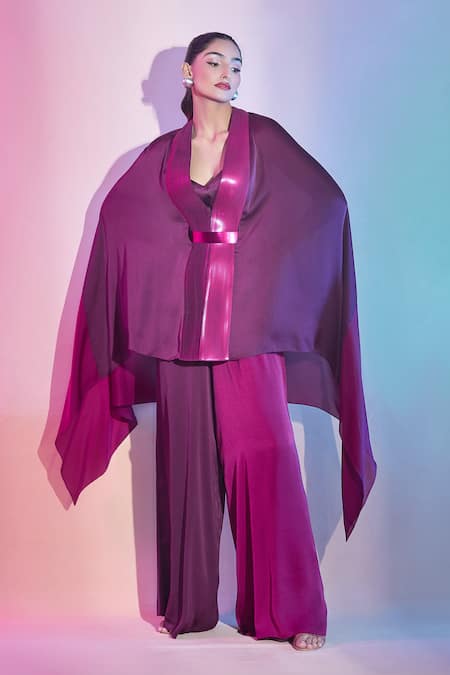 Amit Aggarwal Corded Cape Top With Color Block Flared Pant 