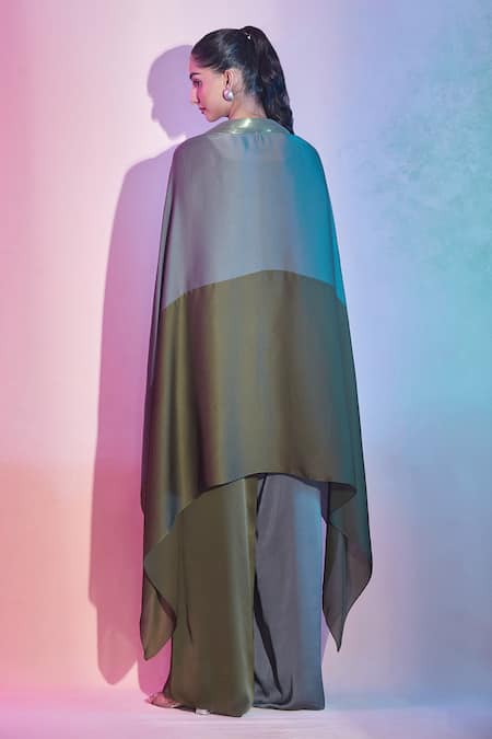 Amit Aggarwal Corded Cape Top With Color Block Flared Pant 