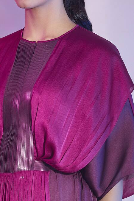 Shop_Amit Aggarwal_Purple Satin Chiffon Embellished Round Front Pleated Kaftan Dress _Online_at_Aza_Fashions