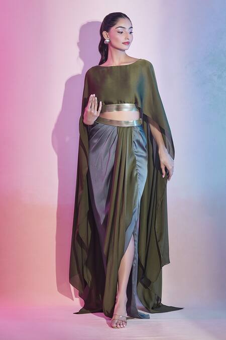 Amit Aggarwal Asymmetric Cape Top & Draped Skirt Set 