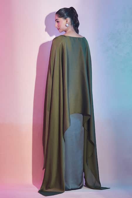 Shop Amit Aggarwal Grey Satin, Chiffon Boat Neck Asymmetric Cape Top And Draped Skirt Set at Aza Fashions Shop_Amit Aggarwal_Grey Satin, Chiffon Boat Neck Asymmetric Cape Top And Draped Skirt Set _at_Aza_Fashions