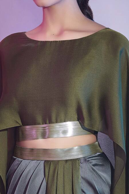 Amit Aggarwal Grey Satin, Chiffon Boat Neck Asymmetric Cape Top And Draped Skirt Set Online at Aza Fashions Amit Aggarwal_Grey Satin, Chiffon Boat Neck Asymmetric Cape Top And Draped Skirt Set _Online_at_Aza_Fashions