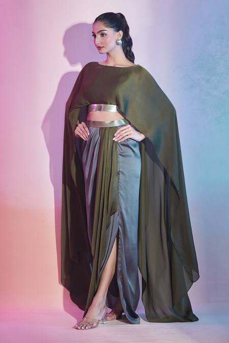 Buy Amit Aggarwal Grey Satin, Chiffon Boat Neck Asymmetric Cape Top And Draped Skirt Set Online at Aza Fashions Buy_Amit Aggarwal_Grey Satin, Chiffon Boat Neck Asymmetric Cape Top And Draped Skirt Set _Online_at_Aza_Fashions