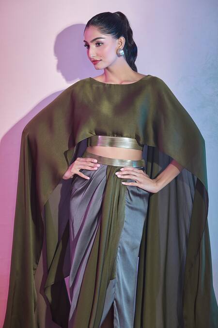 Amit Aggarwal Grey Satin, Chiffon Boat Neck Asymmetric Cape Top And Draped Skirt Set at Aza Fashions Amit Aggarwal_Grey Satin, Chiffon Boat Neck Asymmetric Cape Top And Draped Skirt Set _at_Aza_Fashions