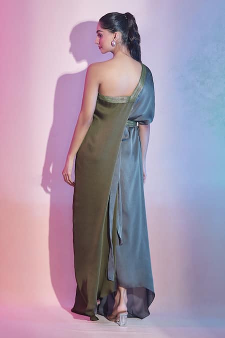 Shop Amit Aggarwal Green Satin, Chiffon One Shoulder Draped Color Block Dress at Aza Fashions Shop_Amit Aggarwal_Green Satin, Chiffon One Shoulder Draped Color Block Dress _at_Aza_Fashions