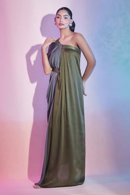 Amit Aggarwal Green Satin, Chiffon One Shoulder Draped Color Block Dress Online at Aza Fashions Amit Aggarwal_Green Satin, Chiffon One Shoulder Draped Color Block Dress _Online_at_Aza_Fashions