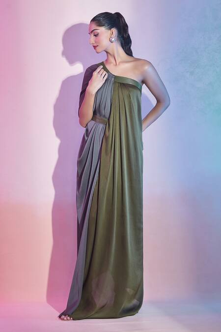 Buy Amit Aggarwal Green Satin, Chiffon One Shoulder Draped Color Block Dress Online at Aza Fashions Buy_Amit Aggarwal_Green Satin, Chiffon One Shoulder Draped Color Block Dress _Online_at_Aza_Fashions