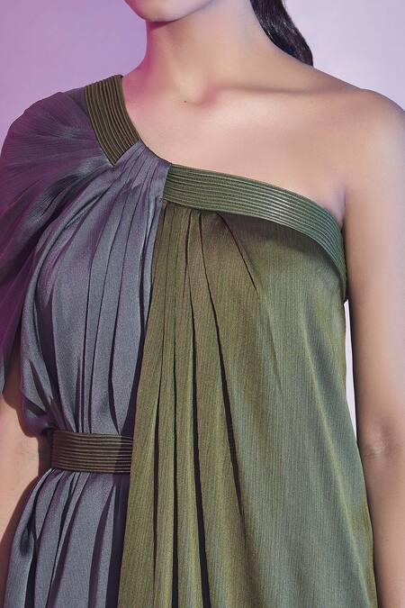 Amit Aggarwal Green Satin, Chiffon One Shoulder Draped Color Block Dress at Aza Fashions Amit Aggarwal_Green Satin, Chiffon One Shoulder Draped Color Block Dress _at_Aza_Fashions