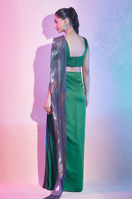 Shop Amit Aggarwal Green Chiffon Plunge Neck Metallic Ombre Pre-draped Saree Set at Aza Fashions Shop_Amit Aggarwal_Green Chiffon Plunge Neck Metallic Ombre Pre-draped Saree Set _at_Aza_Fashions