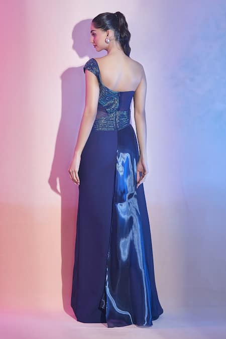 Shop_Amit Aggarwal_Blue Satin Cut Work One Shoulder Cutdana Embellished Gown _at_Aza_Fashions