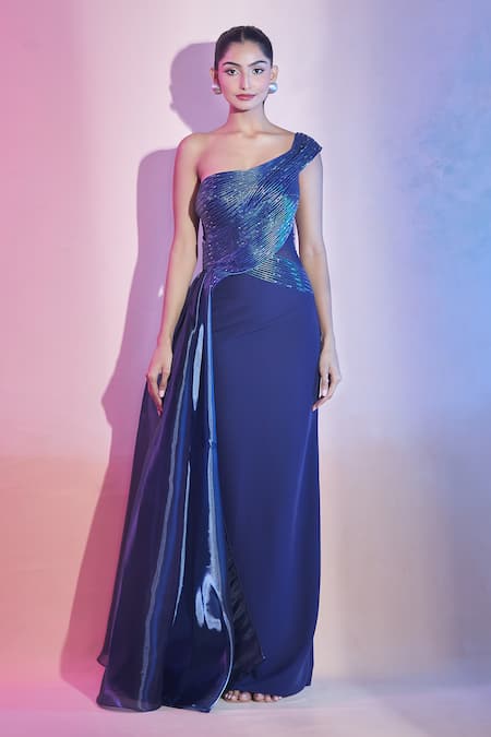 Amit Aggarwal_Blue Satin Cut Work One Shoulder Cutdana Embellished Gown _Online_at_Aza_Fashions