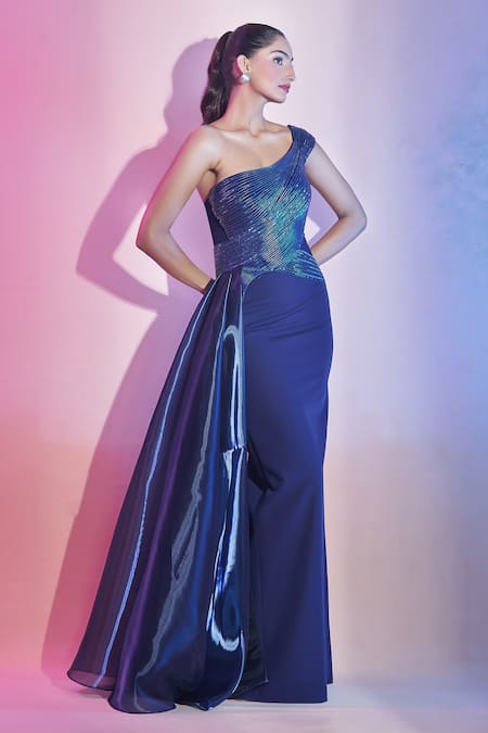 Shop_Amit Aggarwal_Blue Satin Cut Work One Shoulder Cutdana Embellished Gown _Online_at_Aza_Fashions