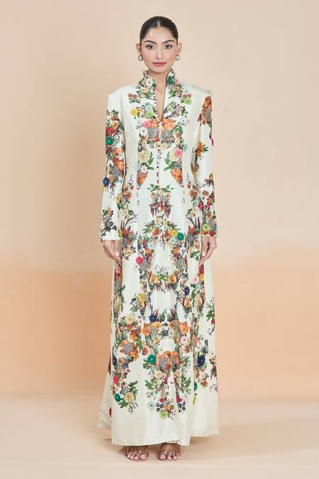 Anamika Khanna White Embroidery Floral Print Long Coat And Pant Set Online at Aza Fashions Anamika Khanna_White Embroidery Floral Print Long Coat And Pant Set_Online_at_Aza_Fashions