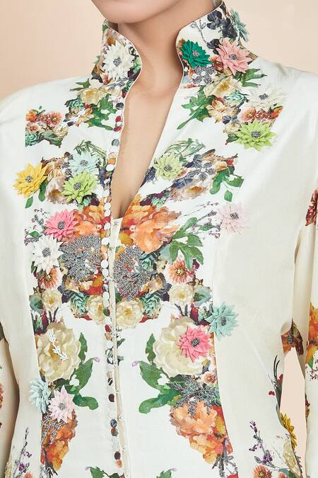 Buy Anamika Khanna White Embroidery Floral Print Long Coat And Pant Set Online at Aza Fashions Buy_Anamika Khanna_White Embroidery Floral Print Long Coat And Pant Set_Online_at_Aza_Fashions