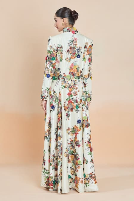 Shop Anamika Khanna White Embroidery Floral Print Long Coat And Pant Set at Aza Fashions Shop_Anamika Khanna_White Embroidery Floral Print Long Coat And Pant Set_at_Aza_Fashions
