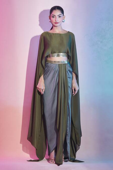 Shop Amit Aggarwal Grey Satin, Chiffon Boat Neck Asymmetric Cape Top And Draped Skirt Set Online at Aza Fashions Shop_Amit Aggarwal_Grey Satin, Chiffon Boat Neck Asymmetric Cape Top And Draped Skirt Set _Online_at_Aza_Fashions
