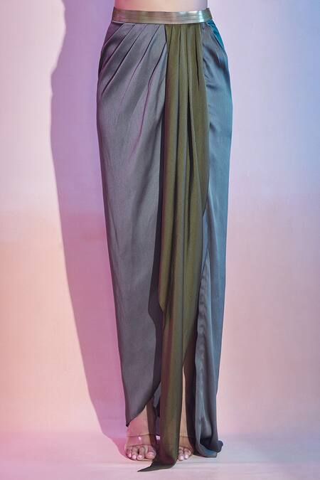 Buy Amit Aggarwal Grey Satin, Chiffon Boat Neck Asymmetric Cape Top And Draped Skirt Set Buy_Amit Aggarwal_Grey Satin, Chiffon Boat Neck Asymmetric Cape Top And Draped Skirt Set