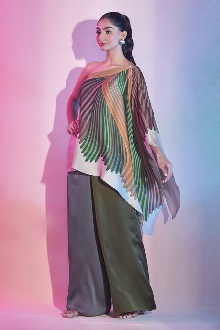 Buy Amit Aggarwal Green Satin, Chiffon One Shoulder Asymmetric Top Online at Aza Fashions Buy_Amit Aggarwal_Green Satin, Chiffon One Shoulder Asymmetric Top _Online_at_Aza_Fashions