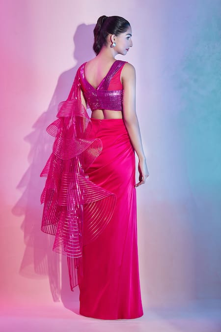 Amit Aggarwal Embellished Satin Pre-Draped Saree Set 