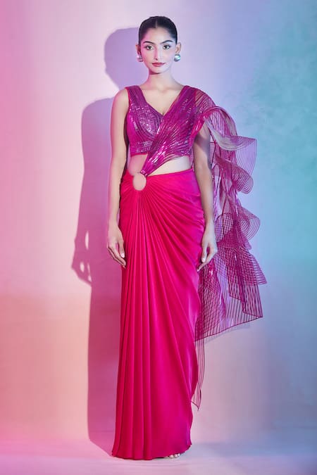 Amit Aggarwal_Fuchsia Satin Plunge Neck Embellished Pre-draped Saree Set _Online_at_Aza_Fashions