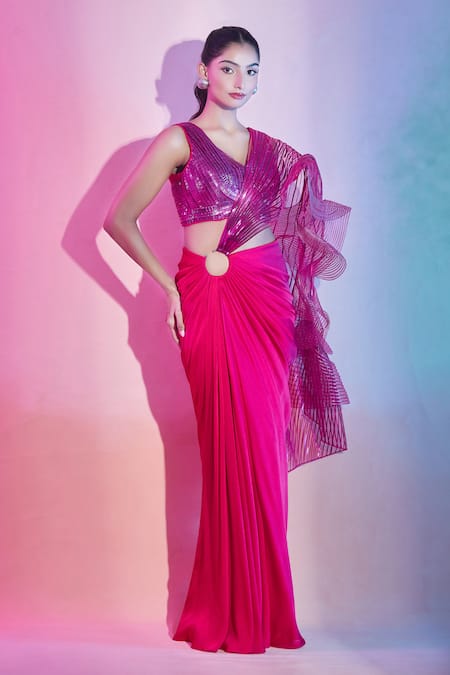 Buy_Amit Aggarwal_Fuchsia Satin Plunge Neck Embellished Pre-draped Saree Set _Online_at_Aza_Fashions