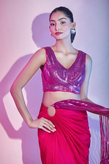 Amit Aggarwal_Fuchsia Satin Plunge Neck Embellished Pre-draped Saree Set _at_Aza_Fashions