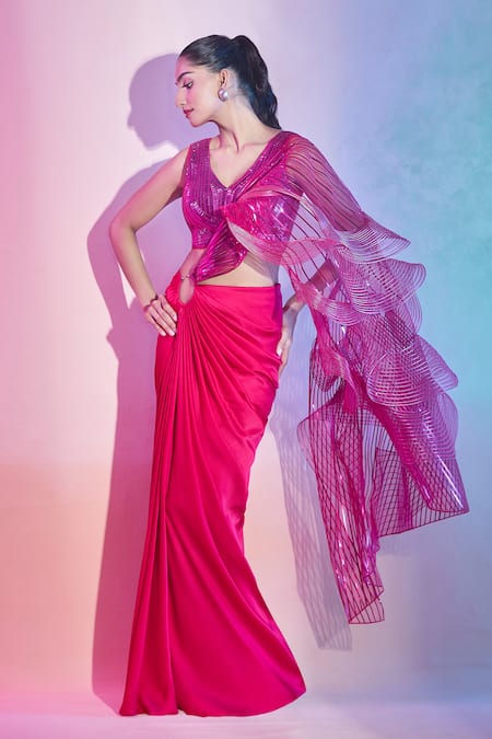Buy_Amit Aggarwal_Fuchsia Satin Plunge Neck Embellished Pre-draped Saree Set 