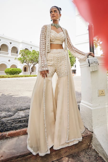 Mani Bhatia Grey Crepe Embroidery Pearl Sweetheart Neck Floret Jacket And Sharara Set 